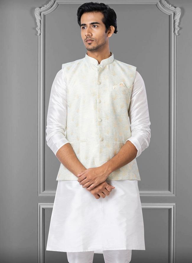 Linen Silk White Festival Wear Embroidery Work Readymade Men's Waistcoat